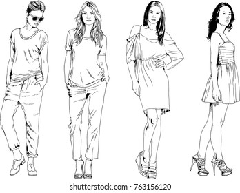 vector drawings on the theme of beautiful slim sporty girl in casual clothes in various poses painted ink hand sketch with no background