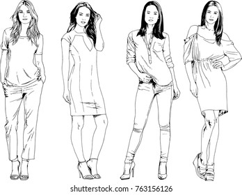 vector drawings on the theme of beautiful slim sporty girl in casual clothes in various poses painted ink hand sketch with no background