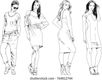 vector drawings on the theme of beautiful slim sporty girl in casual clothes in various poses painted ink hand sketch with no background