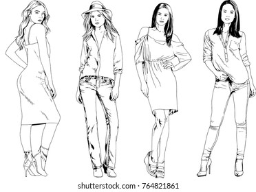 vector drawings on the theme of beautiful slim sporty girl in casual clothes in various poses painted ink hand sketch with no background