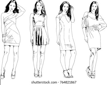 vector drawings on the theme of beautiful slim sporty girl in casual clothes in various poses painted ink hand sketch with no background