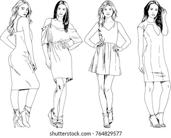 vector drawings on the theme of beautiful slim sporty girl in casual clothes in various poses painted ink hand sketch with no background