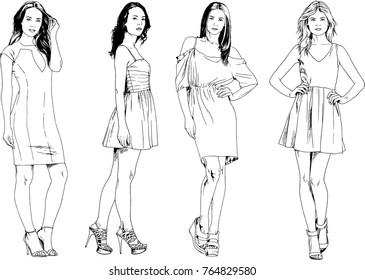 vector drawings on the theme of beautiful slim sporty girl in casual clothes in various poses painted ink hand sketch with no background