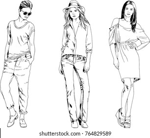vector drawings on the theme of beautiful slim sporty girl in casual clothes in various poses painted ink hand sketch with no background