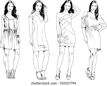 vector drawings on the theme of beautiful slim sporty girl in casual clothes in various poses painted ink hand sketch with no background