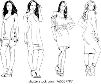 vector drawings on the theme of beautiful slim sporty girl in casual clothes in various poses painted ink hand sketch with no background