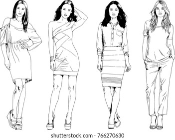vector drawings on the theme of beautiful slim sporty girl in casual clothes in various poses painted ink hand sketch with no background