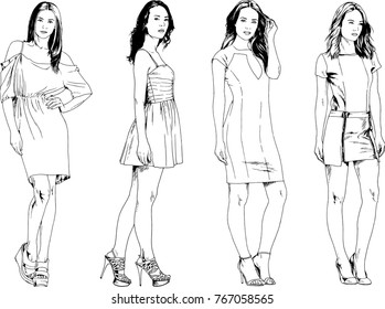 vector drawings on the theme of beautiful slim sporty girl in casual clothes in various poses painted ink hand sketch with no background