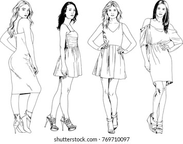 vector drawings on the theme of beautiful slim sporty girl in casual clothes in various poses painted ink hand sketch with no background