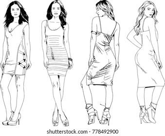 vector drawings on the theme of beautiful slim sporty girl in casual clothes in various poses painted ink hand sketch with no background
