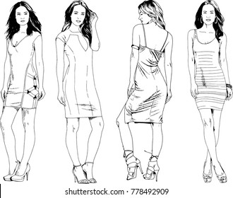 vector drawings on the theme of beautiful slim sporty girl in casual clothes in various poses painted ink hand sketch with no background
