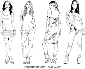 vector drawings on the theme of beautiful slim sporty girl in casual clothes in various poses painted ink hand sketch with no background