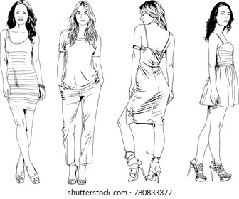 vector drawings on the theme of beautiful slim sporty girl in casual clothes in various poses painted ink hand sketch with no background