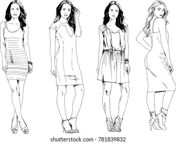 vector drawings on the theme of beautiful slim sporty girl in casual clothes in various poses painted ink hand sketch with no background
