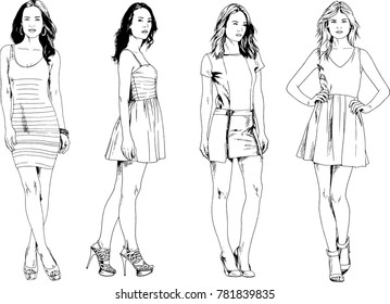 vector drawings on the theme of beautiful slim sporty girl in casual clothes in various poses painted ink hand sketch with no background