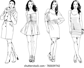 vector drawings on the theme of beautiful slim sporty girl in casual clothes in various poses painted ink hand sketch with no background