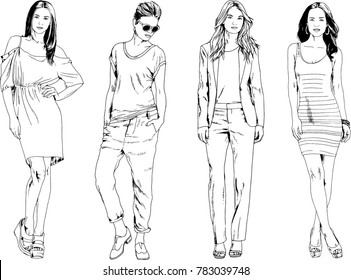 vector drawings on the theme of beautiful slim sporty girl in casual clothes in various poses painted ink hand sketch with no background