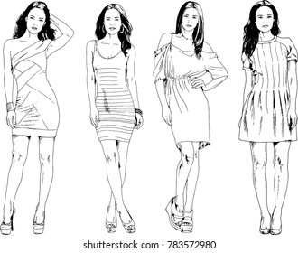 vector drawings on the theme of beautiful slim sporty girl in casual clothes in various poses painted ink hand sketch with no background