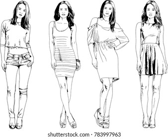vector drawings on the theme of beautiful slim sporty girl in casual clothes in various poses painted ink hand sketch with no background