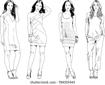 vector drawings on the theme of beautiful slim sporty girl in casual clothes in various poses painted ink hand sketch with no background