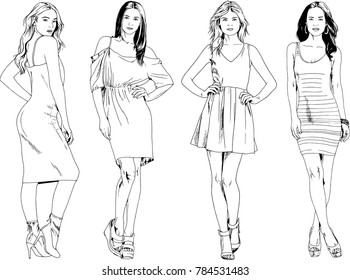 vector drawings on the theme of beautiful slim sporty girl in casual clothes in various poses painted ink hand sketch with no background