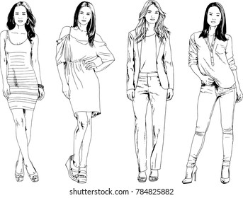 vector drawings on the theme of beautiful slim sporty girl in casual clothes in various poses painted ink hand sketch with no background
