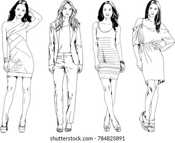 vector drawings on the theme of beautiful slim sporty girl in casual clothes in various poses painted ink hand sketch with no background