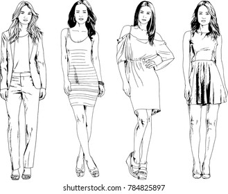vector drawings on the theme of beautiful slim sporty girl in casual clothes in various poses painted ink hand sketch with no background