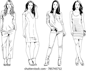 vector drawings on the theme of beautiful slim sporty girl in casual clothes in various poses painted ink hand sketch with no background
