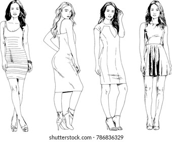 vector drawings on the theme of beautiful slim sporty girl in casual clothes in various poses painted ink hand sketch with no background