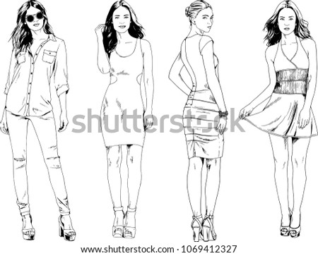 vector drawings on the theme of beautiful slim sporty girl in casual clothes in various poses painted ink hand sketch with no background
