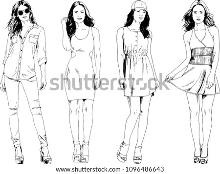 vector drawings on the theme of beautiful slim sporty girl in casual clothes in various poses painted ink hand sketch with no background
