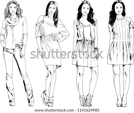 vector drawings on the theme of beautiful slim sporty girl in casual clothes in various poses painted ink hand sketch with no background