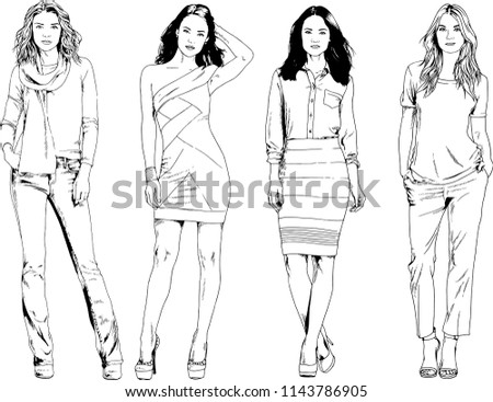 vector drawings on the theme of beautiful slim sporty girl in casual clothes in various poses painted ink hand sketch with no background