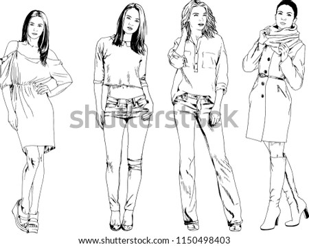 vector drawings on the theme of beautiful slim sporty girl in casual clothes in various poses painted ink hand sketch with no background