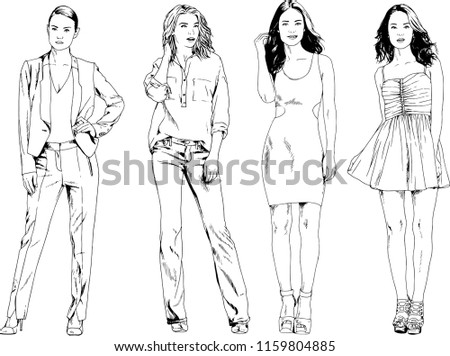 vector drawings on the theme of beautiful slim sporty girl in casual clothes in various poses painted ink hand sketch with no background