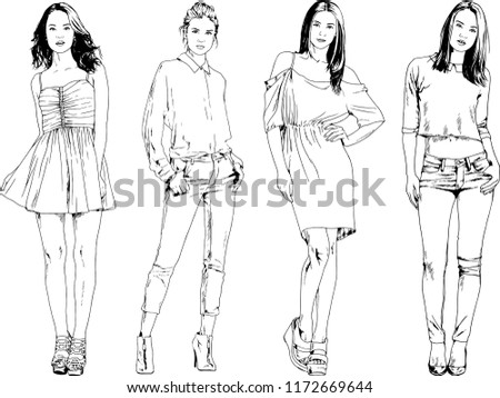 vector drawings on the theme of beautiful slim sporty girl in casual clothes in various poses painted ink hand sketch with no background
