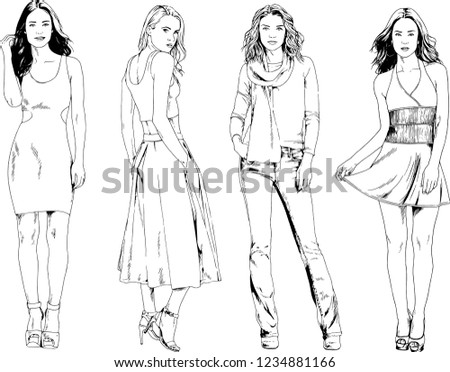 vector drawings on the theme of beautiful slim sporty girl in casual clothes in various poses painted ink hand sketch with no background