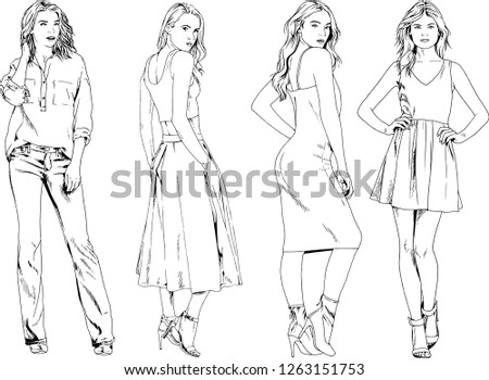 vector drawings on the theme of beautiful slim sporty girl in casual clothes in various poses painted ink hand sketch with no background