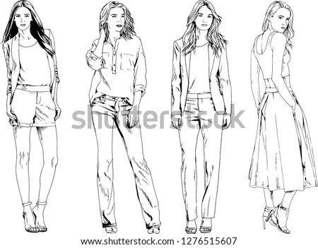 vector drawings on the theme of beautiful slim sporty girl in casual clothes in various poses painted ink hand sketch with no background