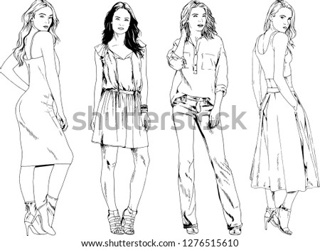 vector drawings on the theme of beautiful slim sporty girl in casual clothes in various poses painted ink hand sketch with no background