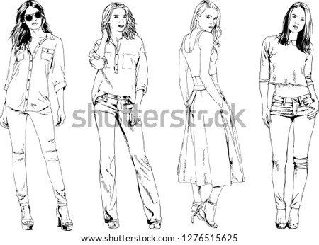 vector drawings on the theme of beautiful slim sporty girl in casual clothes in various poses painted ink hand sketch with no background