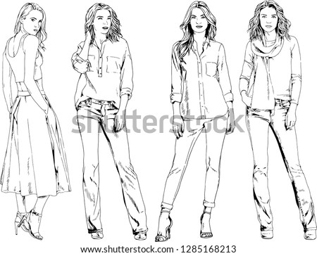vector drawings on the theme of beautiful slim sporty girl in casual clothes in various poses painted ink hand sketch with no background