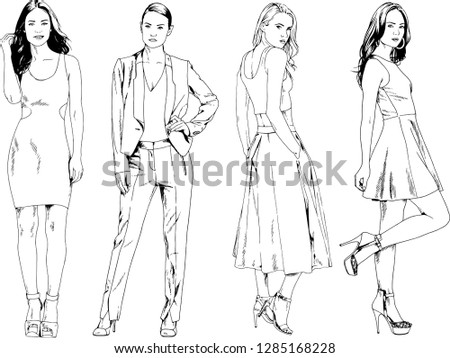 vector drawings on the theme of beautiful slim sporty girl in casual clothes in various poses painted ink hand sketch with no background