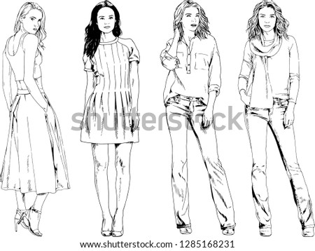 vector drawings on the theme of beautiful slim sporty girl in casual clothes in various poses painted ink hand sketch with no background