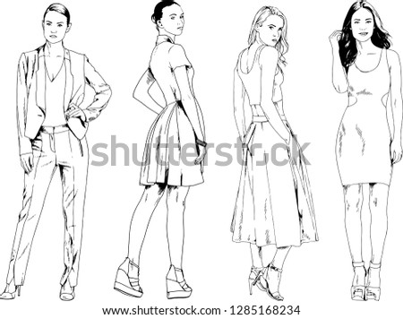 vector drawings on the theme of beautiful slim sporty girl in casual clothes in various poses painted ink hand sketch with no background