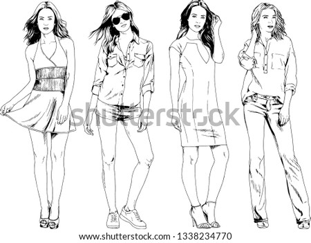 vector drawings on the theme of beautiful slim sporty girl in casual clothes in various poses painted ink hand sketch with no background