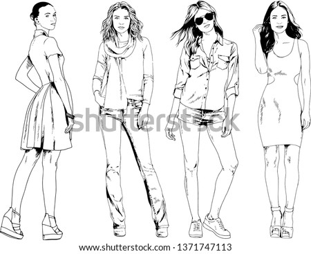 vector drawings on the theme of beautiful slim sporty girl in casual clothes in various poses painted ink hand sketch with no background