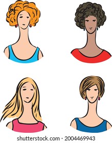 Dibujos vectoriales de retratos de varias jóvenes mujeres bastante modernas