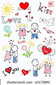 Vector drawings - romantic couple. Sketch on notebook page